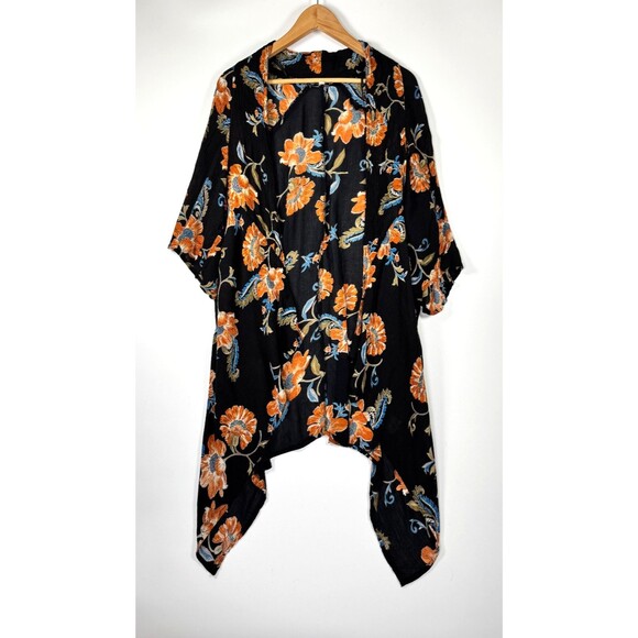 Patrons of Peace Kimono Cardigan Duster Medium Black Floral Boho Lightweight - Picture 1 of 13